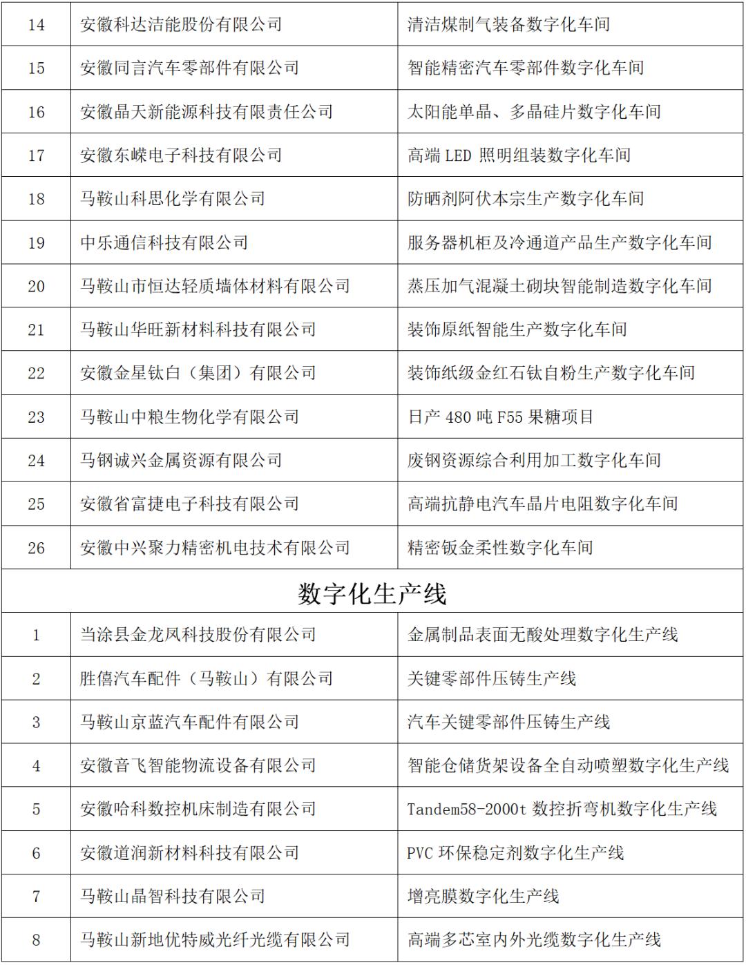 馬鞍山市智能工廠、數(shù)字化車間、數(shù)字化生產(chǎn)線認定名單
